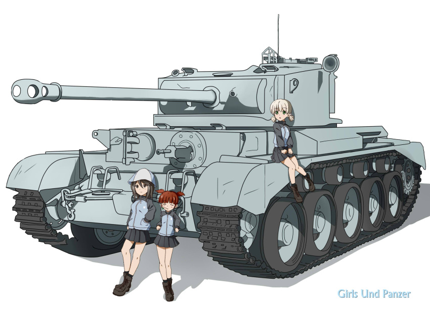 3girls aki_(girls_und_panzer) black_eyes black_hair caterpillar_tracks coat comet_(tank) girls_und_panzer green_eyes ground_vehicle highres keizoku_military_uniform light_brown_hair mika_(girls_und_panzer) mikko_(girls_und_panzer) military military_vehicle motor_vehicle multiple_girls sebunsu skirt standing tank twintails white_background