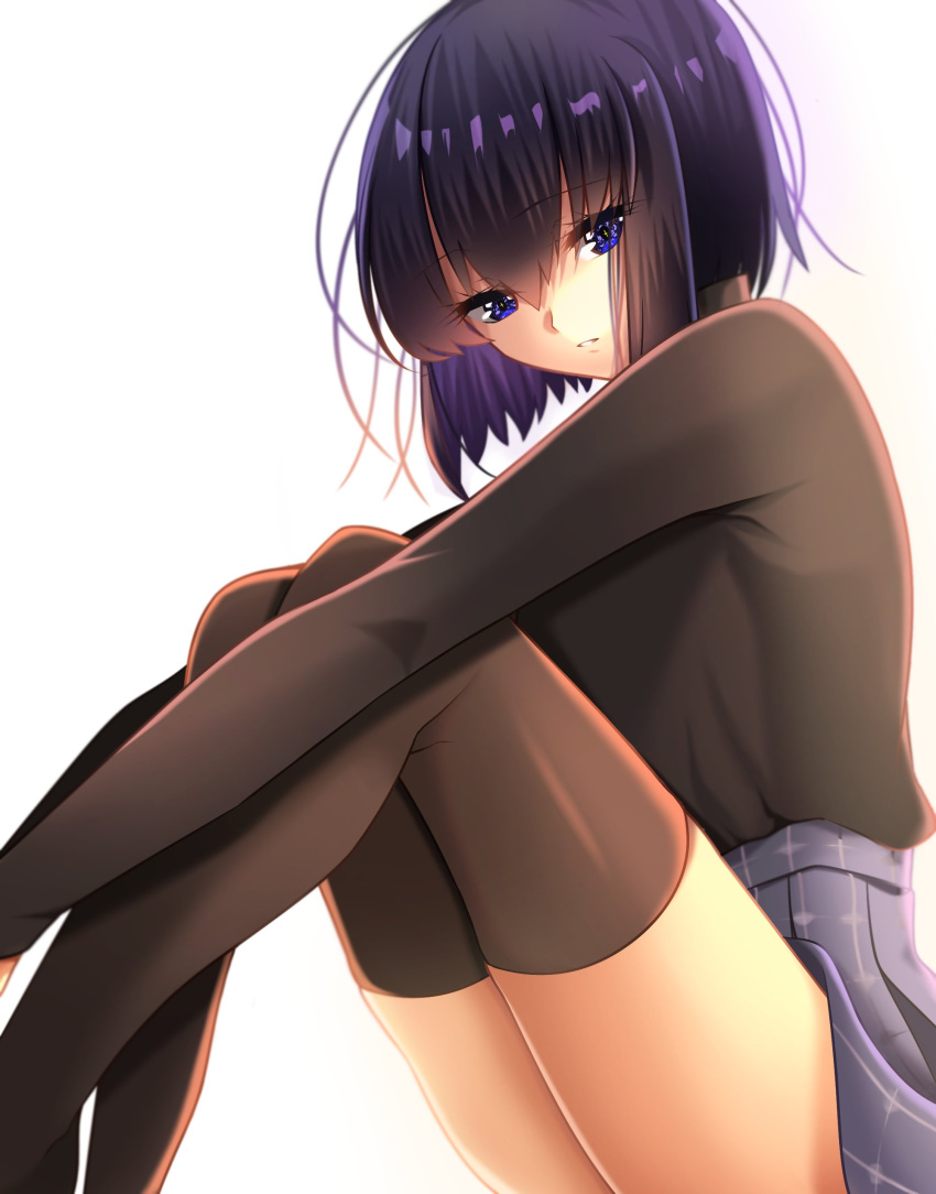 1girl absurdres black_legwear black_shirt blue_eyes exa_(koyuru) eyebrows_visible_through_hair grey_skirt hair_between_eyes highres kuonji_alice leg_hug long_sleeves looking_at_viewer mahou_tsukai_no_yoru miniskirt parted_lips pleated_skirt purple_hair shiny shiny_clothes shiny_hair shirt short_hair simple_background sitting skirt solo thigh-highs white_background zettai_ryouiki