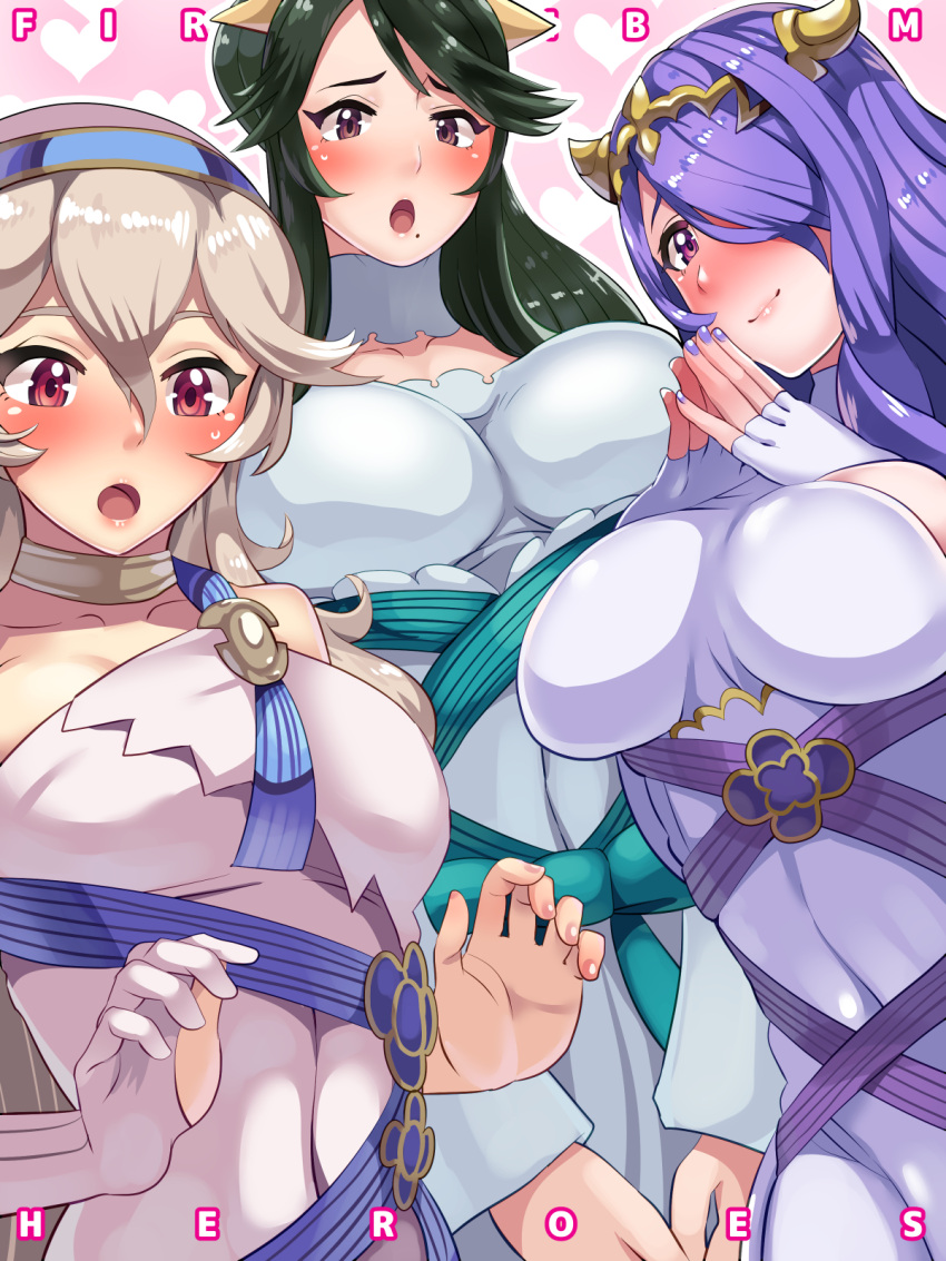 blush boris_(noborhys) breasts camilla_(fire_emblem_if) cape cleavage dancer dress female_my_unit_(fire_emblem_if) fire_emblem fire_emblem_heroes fire_emblem_if hair_ornament hair_over_one_eye hairband highres lips long_hair looking_at_viewer mikoto_(fire_emblem_if) mother_and_daughter my_unit_(fire_emblem_if) nintendo pointy_ears purple_hair red_eyes silver_hair simple_background smile tiara violet_eyes wavy_hair white_hair