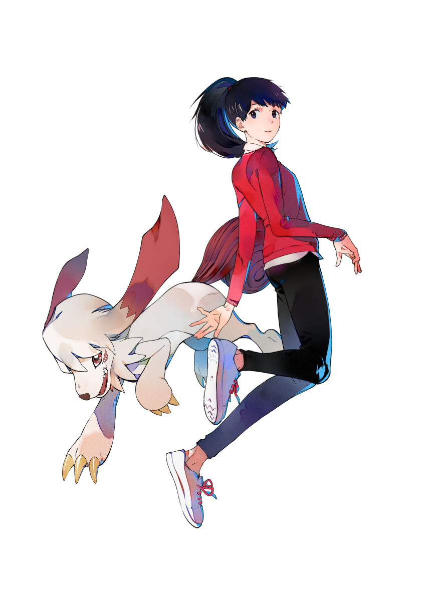 1girl absurdres airborne ass black_hair black_pants blue_eyes blush breasts claws collared_shirt creature digimon digimon_survive dog eyebrows_visible_through_hair facial_mark flat_ass fur highres labramon leg_up looking_at_viewer looking_back medium_breasts medium_hair multicolored_footwear official_art open_hands open_mouth pants pink_footwear pink_legwear pink_lips ponytail purple_footwear red_eyes red_vest shibuya_aoi shiny shiny_hair shirt shoes short_socks smile sneakers sweater_vest tail teeth tongue transparent_background ukumo_uichi vest white_footwear white_shirt
