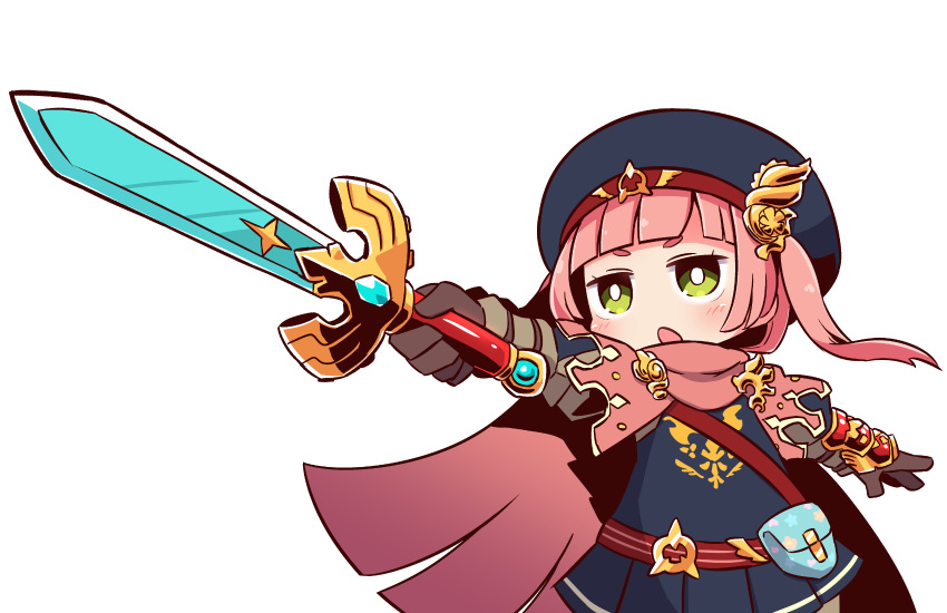 1girl :o bag bangs beret blue_hat blue_jacket blue_skirt blunt_bangs blush brown_gloves character_request gloves green_eyes hat highres holding holding_sword holding_weapon jacket long_hair naga_u open_mouth outstretched_arm pink_cape pink_hair pleated_skirt satchel sekaiju_no_meikyuu short_eyebrows simple_background skirt solo sword thick_eyebrows twintails weapon white_background
