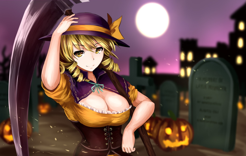 alternate_costume blonde_hair brown_corset capelet corset cross dress drill_hair elly frilled_skirt frills graveyard halloween halloween_costume hat highres holding holding_scythe kamiya_ueshi orange_dress orange_ribbon pumpkin purple_capelet purple_hat ribbon scythe short_sleeves skirt touhou touhou_(pc-98) twin_drills yellow_eyes