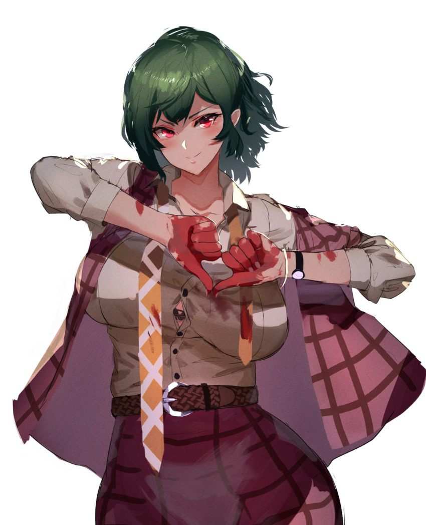 1girl bangs belt black_bra blood bloody_clothes bloody_hands bra bra_peek breasts button_gap buttons closed_mouth collarbone collared_shirt commentary_request dirty_clothes floating_hair green_hair hands_up head_tilt heart heart_hands highres kazami_yuuka kikimifukuri long_sleeves looking_at_viewer medium_hair necktie open_clothes open_vest partially_unbuttoned plaid plaid_skirt plaid_vest red_eyes red_skirt red_vest shirt sidelocks simple_background skirt skirt_set smile solo thumbs_down touhou underwear undone_necktie upper_body vest watch watch white_background white_shirt