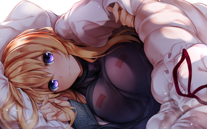1girl absurdres bangs blonde_hair blush breasts close-up closed_mouth commentary_request eyebrows_visible_through_hair fingernails hair_between_eyes hat hat_removed hat_ribbon headwear_removed highres huge_filesize large_breasts looking_at_viewer lying midori_(misuriru8) mob_cap on_side red_ribbon ribbon sidelocks smile solo tabard touhou under_covers violet_eyes white_hat white_pillow yakumo_yukari