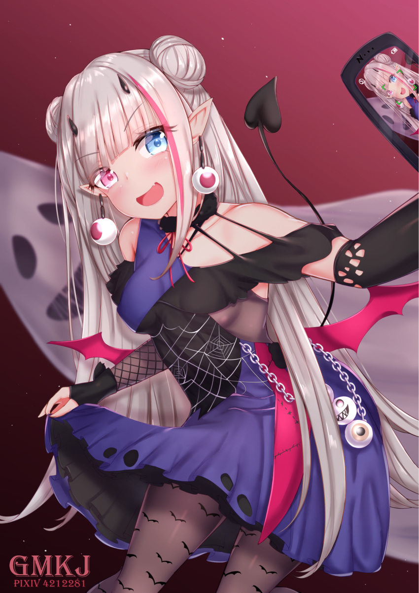 1girl absurdres artist_name cellphone chains collarbone commentary_request demon_tail double_bun fang ghost girls_frontline gmkj hair_ornament hairclip halloween_costume heterochromia highres long_hair looking_at_viewer mdr_(girls_frontline) open_mouth pantyhose phone pointy_ears self_shot silver_hair simple_background solo tail