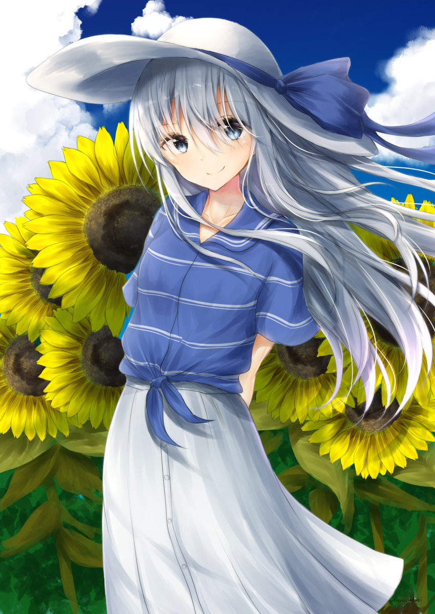 1girl absurdres arm_behind_back blue_bow blue_eyes blue_ribbon blue_shirt blue_sky bow casual clouds collarbone day floating_hair hair_between_eyes hat hat_bow hat_ribbon head_tilt hibiki_(kantai_collection) highres kantai_collection long_hair long_skirt looking_at_viewer outdoors ribbon shiny shiny_hair shirt short_sleeves silver_hair skirt sky smile solo striped striped_shirt sun_hat tied_shirt uzuki_tsukuyo very_long_hair white_hat white_skirt