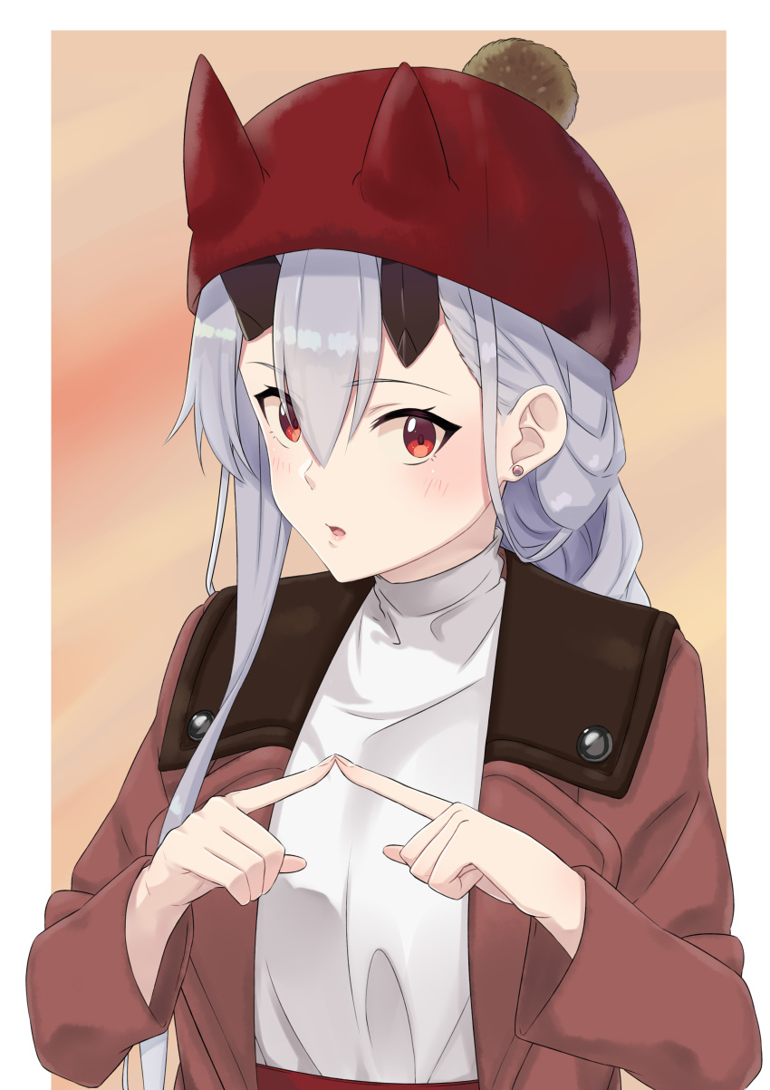 1girl :o absurdres alternate_costume alternate_hairstyle blush border braid coat commentary_request earrings fate/grand_order fate_(series) fingers_together hat highres jewelry k-ya. long_hair looking_at_viewer oni_horns red_eyes silver_hair single_braid solo stud_earrings tomoe_gozen_(fate/grand_order) white_border winter_clothes winter_coat