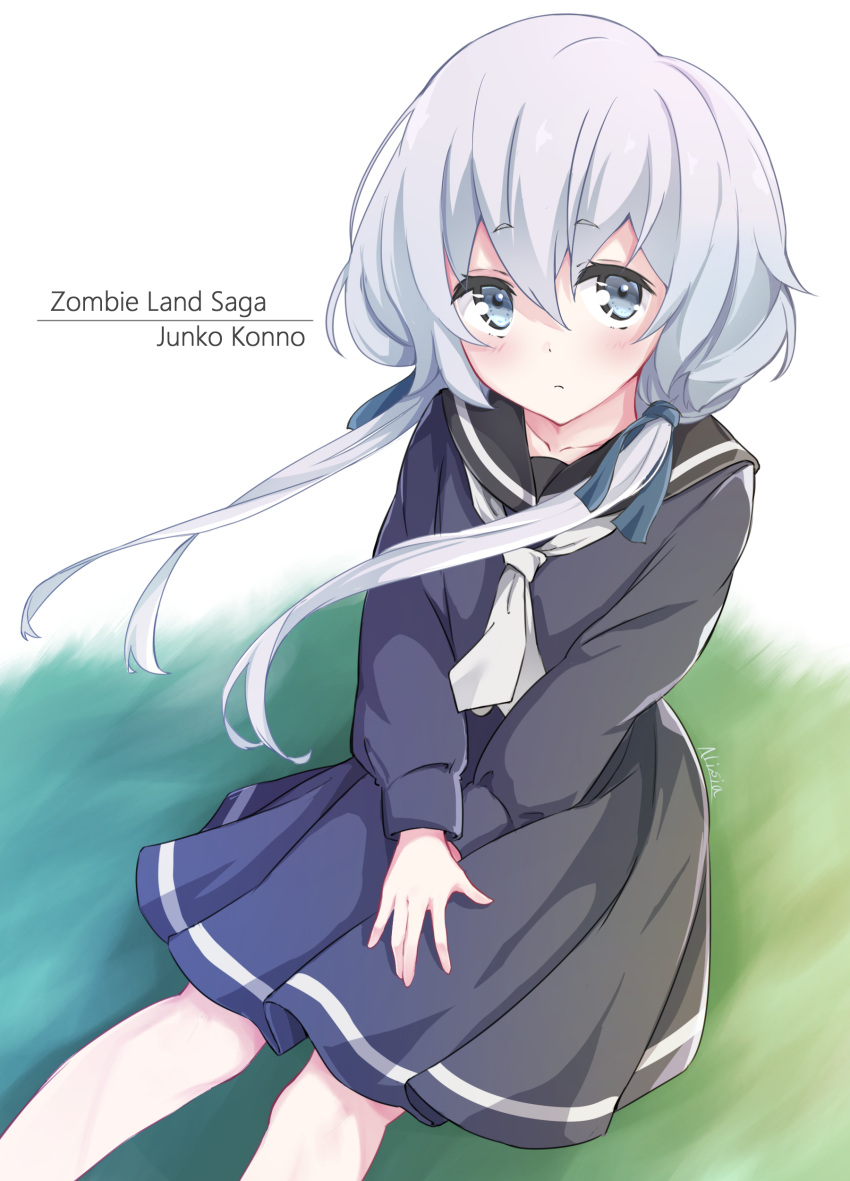 1girl absurdres alisia0812 blue_eyes blush character_name english eyebrows_visible_through_hair highres konno_junko long_sleeves looking_at_viewer low_twintails pleated_skirt sailor_collar school_uniform silver_hair sitting skirt solo text_focus twintails zombie zombieland_saga