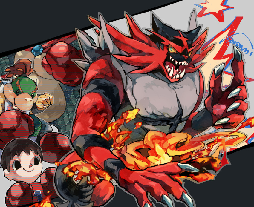 black_hair bowser_jr. brown_hair cape claws creatures_(company) crocodilian crown donkey_kong_(series) donkey_kong_country doubutsu_no_mori fire game_freak gen_7_pokemon green_eyes hat highres horns incineroar jewelry kanami kanami_(pitagora0712) king_k._rool super_mario_bros. nintendo open_mouth pokemon pokemon_(creature) pokemon_(game) pokemon_sm shirt smile spikes super_mario_bros. super_smash_bros. super_smash_bros._ultimate teeth villager_(doubutsu_no_mori) yellow_sclera