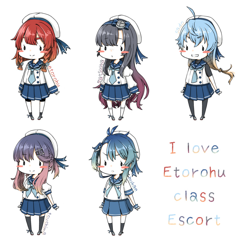 5girls bike_shorts black_hair black_legwear black_shorts blonde_hair blue blue_hair blue_neckwear blue_ribbon bob_cut braid chibi chimaki. collar etorofu_(kantai_collection) fukae_(kantai_collection) gradient_hair hat highres kantai_collection kneehighs long_hair long_sleeves matsuwa_(kantai_collection) multicolored_hair multiple_girls pantyhose purple_hair redhead ribbon sado_(kantai_collection) sailor sailor_collar short_hair short_sleeves shorts shorts_under_skirt skirt tsushima_(kantai_collection) white_hat