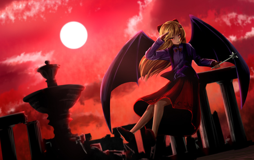 bangs bat_wings blonde_hair bow bowtie clouds cloudy_sky elis_(touhou) facial_mark flower fountain hair_bow hair_flower hair_ornament highly_responsive_to_prayers highres kamiya_ueshi long_hair long_skirt long_sleeves moon parted_bangs pointy_ears purple_shirt red_bow red_eyes red_flower red_footwear red_moon red_neckwear red_skirt red_sky ribbon ruins shirt skirt sky smile star touhou touhou_(pc-98) wand wings