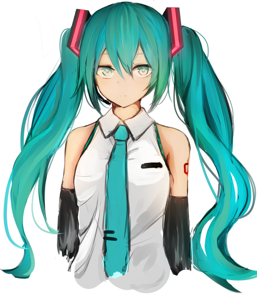 1girl black_sleeves blue_hair blue_neckwear cropped_arms cropped_torso detached_sleeves floating_hair green_eyes hair_between_eyes hatsune_miku highres ikashun long_hair long_sleeves microphone necktie shirt simple_background sketch sleeveless sleeveless_shirt solo twintails upper_body very_long_hair vocaloid white_background white_shirt