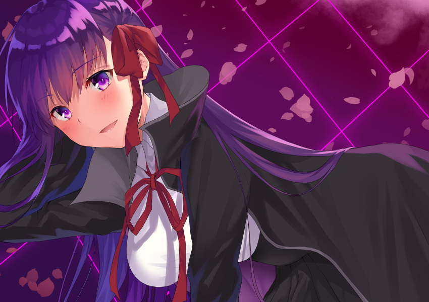 :d absurdres bb_(fate)_(all) bb_(fate/extra_ccc) black_cape black_skirt breasts cape eyebrows_visible_through_hair fate/extra fate/extra_ccc fate_(series) hair_between_eyes hair_ribbon hand_in_hair highres hizuki_higure large_breasts long_hair looking_at_viewer neck_ribbon open_mouth pleated_skirt purple_hair red_ribbon ribbon shirt skirt smile very_long_hair violet_eyes white_shirt