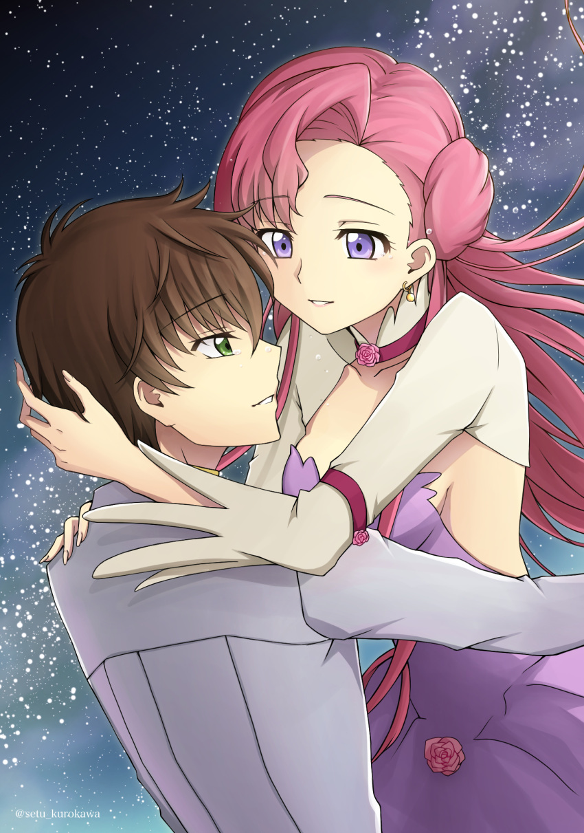 1boy 1girl breasts brown_hair choker code_geass collarbone couple dress earrings euphemia_li_britannia eyebrows_visible_through_hair floating green_eyes grey_jacket grey_sleeves hair_between_eyes highres jacket jewelry kururugi_suzaku long_hair medium_breasts parted_lips pink_eyes pink_hair purple_dress setu_kurokawa shrug_(clothing) sideboob sky sleeveless sleeveless_dress smile star_(sky) starry_sky striped striped_dress twitter_username very_long_hair violet_eyes