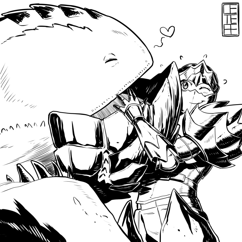 1girl absurdres armor blush cete_(controllingtime) dodogama dodogama_(armor) greyscale happy highres monochrome monster_hunter monster_hunter:_world one_eye_closed solo