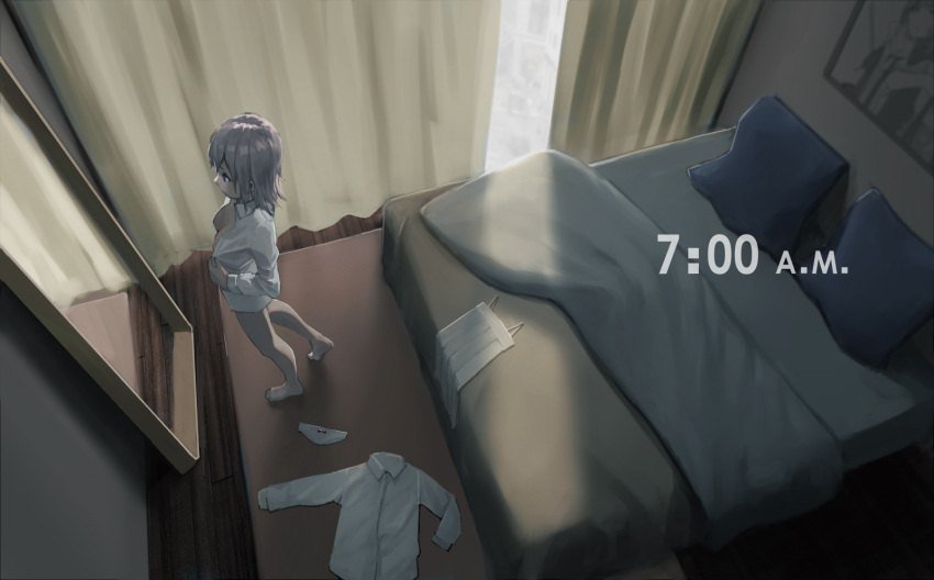 1girl bed bed_sheet bedroom blue_pillow breasts breasts_apart collared_shirt commentary_request curtains day engrish_commentary girls_frontline highres indoors laundry long_sleeves looking_at_mirror medium_breasts mirror mixed-language_commentary morning no_bra panties picture_(object) pillow pleated_skirt rug shirt short_hair skirt st_ar-15_(girls_frontline) standing sunlight tacshojosora text_focus timestamp underwear watermark white_panties white_shirt white_skirt wing_collar wooden_floor