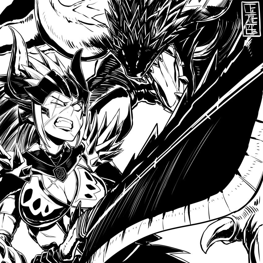 absurdres angry armor cete_(controllingtime) greyscale highres monochrome monster_hunter monster_hunter:_world nergigante nergigante_(armor) screaming solo