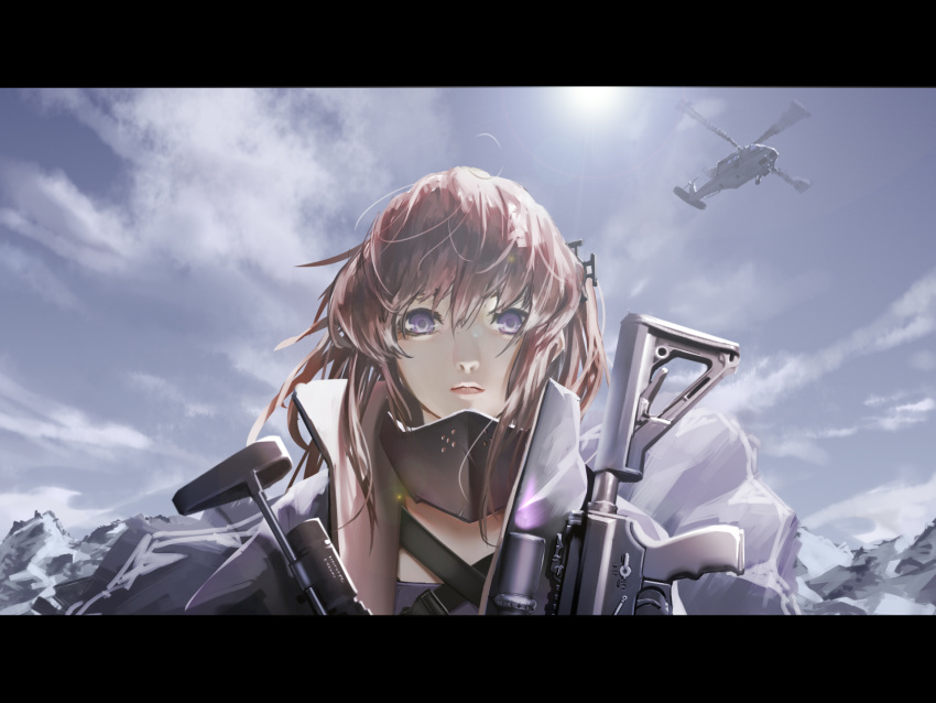 1girl aircraft bangs blue_sky closed_mouth clouds day dual_wielding girls_frontline gun helicopter highres holding holding_gun holding_weapon letterboxed long_sleeves looking_at_viewer mountainous_horizon outdoors pink_hair rifle sky solo st_ar-15_(girls_frontline) sunlight tacshojosora valkyrie violet_eyes weapon