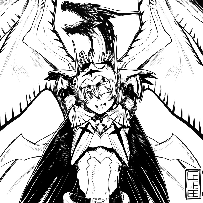 1girl absurdres armor cete_(controllingtime) greyscale hands_up highres legiana legiana_(armor) looking_at_viewer monochrome monster_hunter monster_hunter:_world open_mouth solo wings