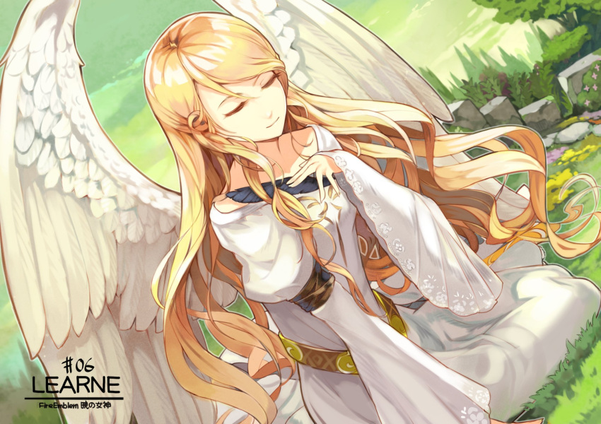 1girl blonde_hair character_name closed_eyes copyright_name dress fire_emblem fire_emblem:_akatsuki_no_megami hand_on_own_chest highres kurosawa_tetsu leanne long_hair long_sleeves nintendo sitting smile solo very_long_hair white_dress white_wings wide_sleeves wings