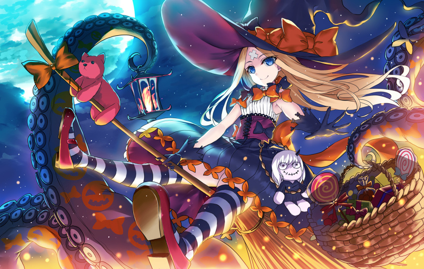 1girl abigail_williams_(fate/grand_order) bare_shoulders black_bow black_gloves black_hat blonde_hair blue_eyes bow breasts broom broom_riding character_doll corset fate/grand_order fate_(series) flying full_moon gloves halloween hat long_hair moon morizono_shiki night orange_bow smile solo tentacle white_hair witch_hat
