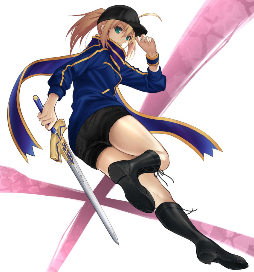 1girl ahoge artoria_pendragon_(all) black_footwear black_ribbon black_shorts blonde_hair blue_scarf blue_sweater boots excalibur fate/grand_order fate_(series) fumi_fumi_(7837224) green_eyes hair_between_eyes highres holding holding_sword holding_weapon leg_up mysterious_heroine_x ponytail ribbon scarf short_shorts shorts sidelocks solo sweater sword weapon white_background wristband