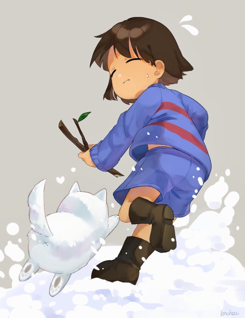 1other bob_cut brown_hair closed_eyes dog flying_sweatdrops frisk_(undertale) grey_background highres running shorts simple_background snow stick sweater undertale yellow_skin