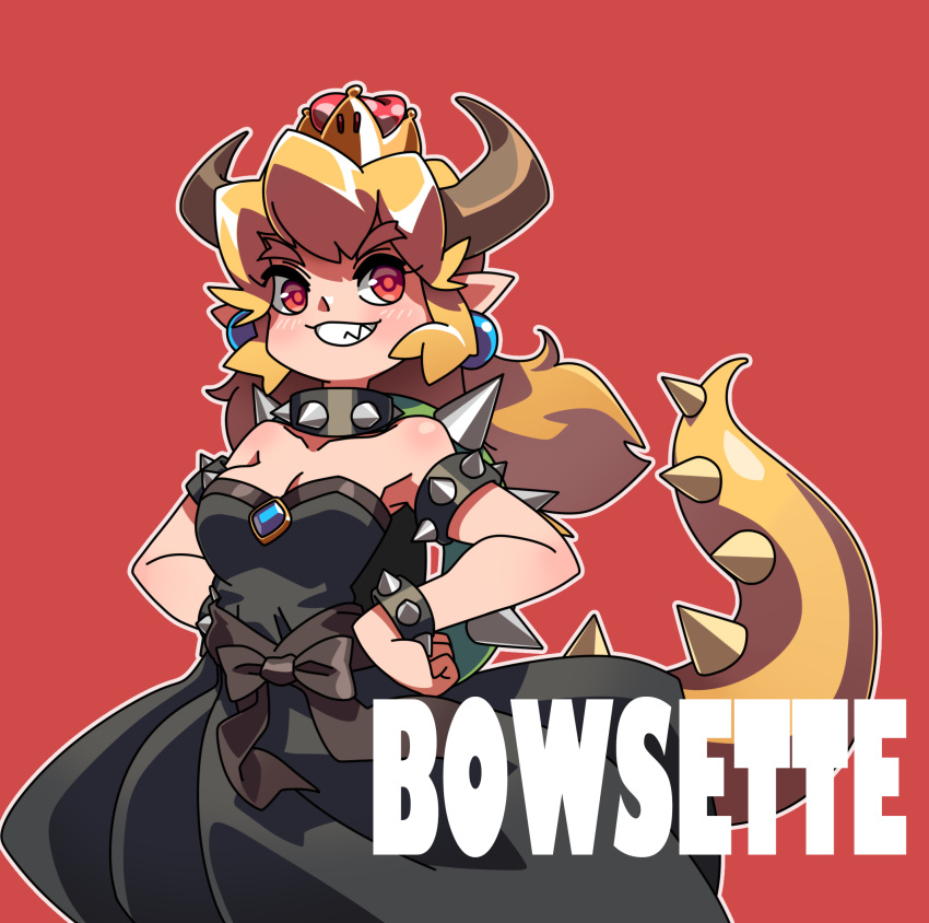 1girl bare_shoulders black_bow black_collar black_dress blonde_hair blue_earrings blush bow bowsette bracelet character_name collar collarbone cowboy_shot crown dress eyebrows_visible_through_hair hands_on_hips highres horns huge_filesize jewelry long_hair super_mario_bros. new_super_mario_bros._u_deluxe nintendo outline pointy_ears red_background red_eyes sharp_teeth simple_background smile solo spiked_armlet spiked_bracelet spiked_collar spiked_shell spiked_tail spikes strapless strapless_dress super_crown suzuhara_kenji tail teeth turtle_shell white_outline