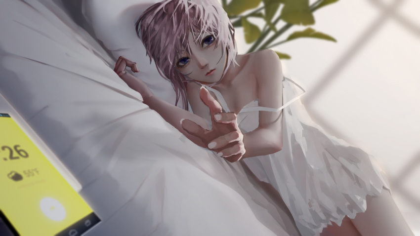 1girl bed_sheet blue_eyes cellphone closed_mouth commentary commentary_request day dress english_commentary fingernails girls_frontline head_on_pillow highres indoors lips looking_at_viewer mixed-language_commentary nail_polish on_bed outstretched_arm outstretched_hand phone pillow pink_hair plant reaching_out short_hair smartphone solo st_ar-15_(girls_frontline) strap_slip sunlight tacshojosora white_dress white_nails
