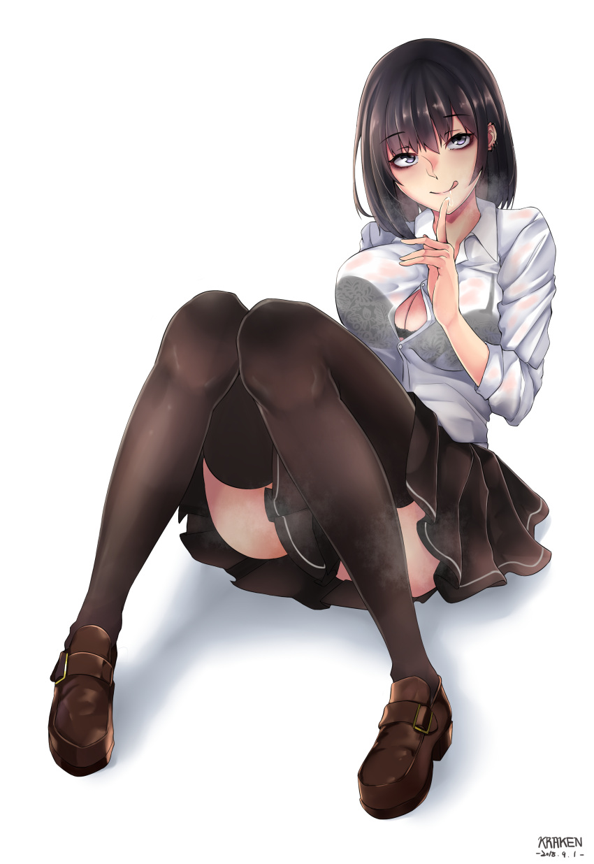 1girl :q absurdres ass bangs black_bra black_eyes black_hair black_legwear black_skirt bra breasts brown_footwear button_gap cleavage closed_mouth collared_shirt dress_shirt ear_piercing eyebrows_visible_through_hair full_body highres knees_together_feet_apart kuraken large_breasts long_sleeves looking_at_viewer miniskirt original piercing pleated_skirt saliva saliva_trail school_uniform see-through shirt short_hair sitting skirt smile solo thigh-highs tongue tongue_out underwear wet wet_clothes white_shirt