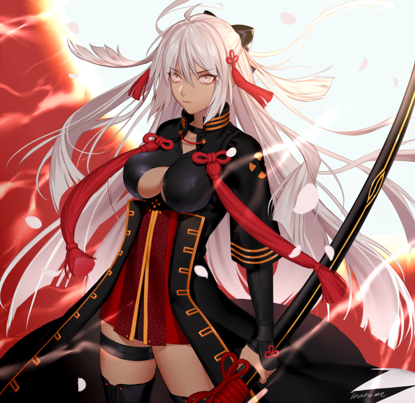 1girl ahoge arm_guards black_bow black_coat black_legwear bow breasts center_opening cleavage_cutout dark_skin eyebrows_visible_through_hair fate/grand_order fate_(series) hair_between_eyes hair_bow high_collar holding holding_sword holding_weapon inanome_me katana large_breasts long_hair okita_souji_(alter)_(fate) okita_souji_(fate)_(all) petals red_skirt skirt sword tassel thigh-highs thigh_strap tied_hair very_long_hair weapon white_eyes white_hair