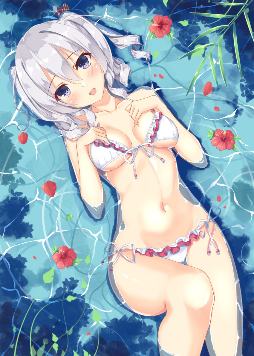 1girl bare_arms bare_legs bare_shoulders bikini blush breasts breasts_apart collarbone day flower from_above front-tie_bikini front-tie_top hair_between_eyes hands_on_own_chest hatsu_(first_snow) head_tilt hibiscus highres kantai_collection kashima_(kantai_collection) looking_at_viewer lying medium_breasts navel on_back outdoors partially_submerged red_flower side-tie_bikini silver_hair smile solo stomach swimsuit two_side_up violet_eyes water white_bikini