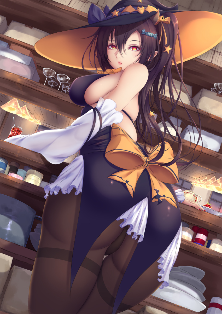 1girl ass azur_lane bangs bare_shoulders black_dress black_legwear black_panties bow breasts brown_hair candy_hair_ornament detached_sleeves dress fang food_themed_hair_ornament from_behind hair_between_eyes hair_bow hair_ornament halloween halloween_costume hat highres horns isuzu_(azur_lane) large_breasts long_hair looking_at_viewer looking_back panties pantyhose red_eyes shiro_usagi side_ponytail sidelocks solo standing star star_hair_ornament thighband_pantyhose underwear witch_hat yellow_bow