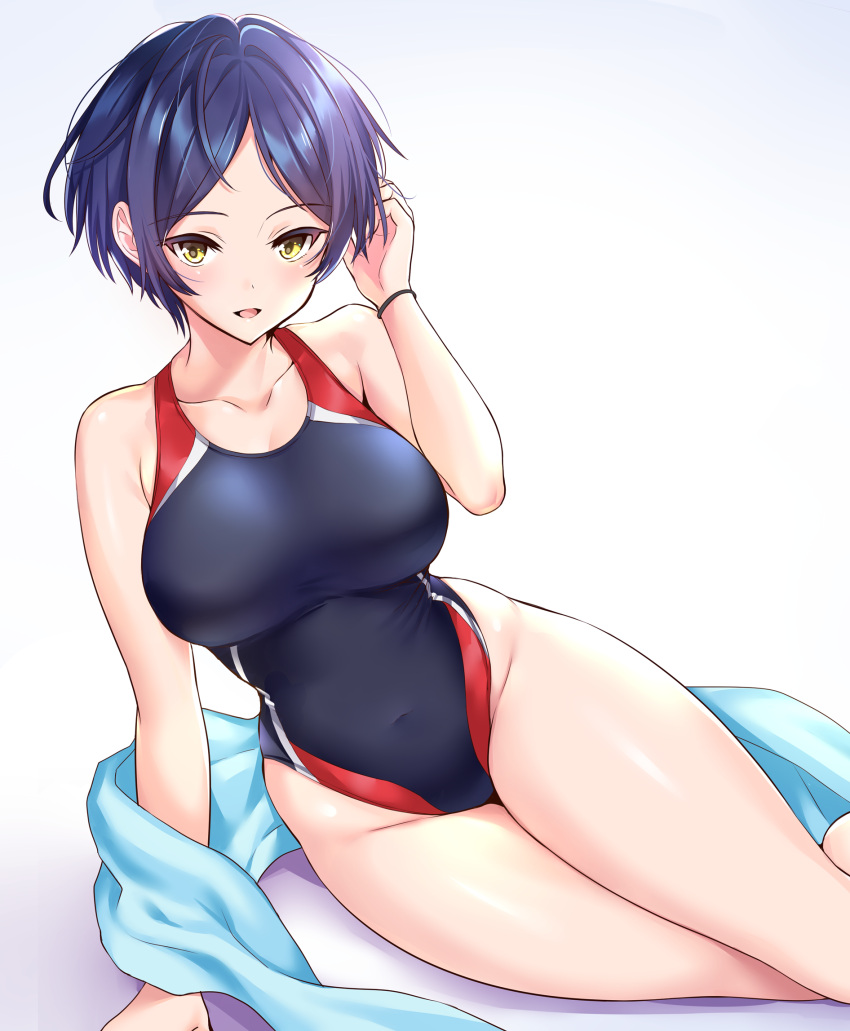 1girl bangs blue_hair blue_towel breasts commentary_request competition_swimsuit feet_out_of_frame hayami_kanade highres idolmaster idolmaster_cinderella_girls large_breasts looking_at_viewer natsu_(nattiyann) one-piece_swimsuit parted_bangs short_hair simple_background sitting solo swimsuit towel white_background yellow_eyes yokozuwari