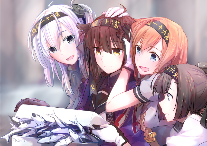 4girls ahoge akizuki_(kantai_collection) anchor_symbol artist_name black_bodysuit black_gloves black_hair black_headband blue_eyes blurry blurry_background bodysuit braid brown_hair cape closed_mouth clothes_writing container fish gloves grey_cape grey_eyes hachimaki hair_between_eyes hair_flaps hair_ornament happi hatsuzuki_(kantai_collection) headband highres japanese_clothes kantai_collection light_brown_hair long_hair multicolored multicolored_clothes multicolored_gloves multiple_girls neckerchief one_side_up open_mouth petting pin.s ponytail propeller_hair_ornament saury school_uniform serafuku short_hair short_sleeves silver_hair smile suzutsuki_(kantai_collection) teruzuki_(kantai_collection) twin_braids white_gloves yellow_eyes