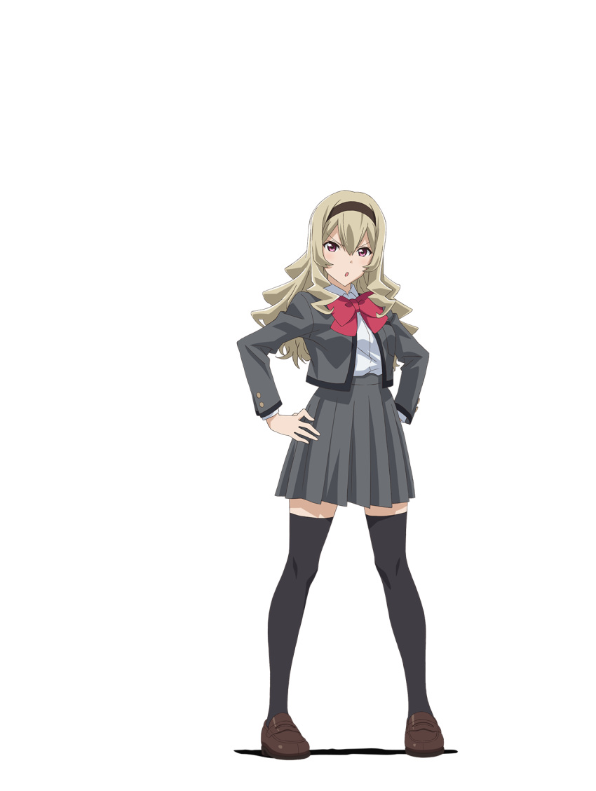 1girl :o annoyed black_legwear blush bow bowtie breast_pocket breasts brown_footwear brown_hairband collared_shirt eyebrows_visible_through_hair grey_jacket grey_skirt hair_between_eyes hairband hands_on_hips highres jacket loafers long_hair looking_at_viewer medium_breasts miniskirt official_art open_clothes open_jacket pigeon-toed pink_eyes platinum_blonde_hair pleated_skirt pocket red_neckwear saijou_claudine saita_hiroyuki school_uniform seishou_music_academy_uniform shadow shiny_footwear shirt shirt_tucked_in shoes shoujo_kageki_revue_starlight skirt solo standing thigh-highs tongue transparent_background white_shirt zettai_ryouiki