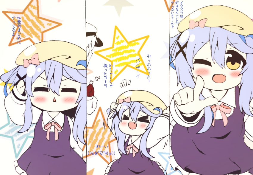 &gt;_&lt; 1girl :&lt; :d ;d =_= admiral_(azur_lane) animal_ears azur_lane bangs beret blue_hair bottle brown_eyes brown_hat chibi closed_eyes collared_shirt commentary_request directional_arrow dog_ears dress eyebrows_visible_through_hair fang frilled_dress frills hair_between_eyes hat holding holding_bottle kurukurumagical long_hair long_sleeves minazuki_(azur_lane) one_eye_closed open_mouth out_of_frame parted_lips pink_ribbon purple_dress ribbon shirt sidelocks sleeveless sleeveless_dress smile star translation_request triangle_mouth white_shirt xd