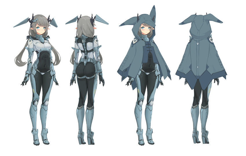 1girl blue_eyes bodysuit boots character_sheet chinese_commentary commentary_request high_heel_boots high_heels highres j-10b legs looking_at_viewer mecha_musume original panties personification pointy_ears short_twintails silver_hair sima_naoteng solo thigh-highs thigh_boots twintails underwear