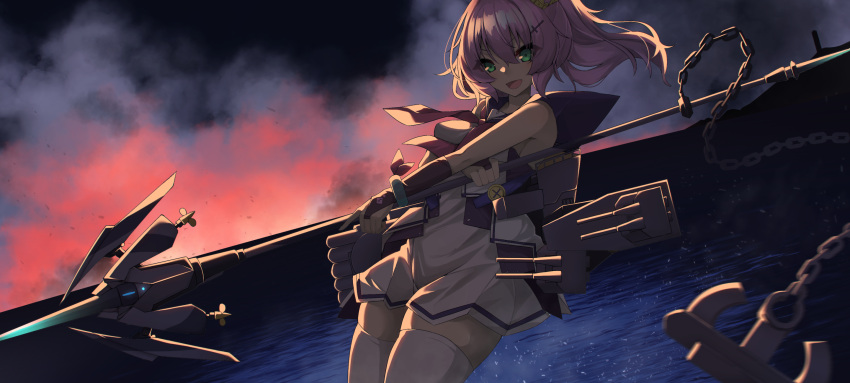 &gt;:d 1girl anchor ashisi azur_lane bangs bare_shoulders blue_sailor_collar chains dress eyebrows_visible_through_hair fire green_eyes hair_ornament hairclip highres holding holding_spear holding_weapon javelin_(azur_lane) looking_at_viewer night ocean outdoors pink_hair polearm ponytail sailor_collar sailor_dress smile solo spear thigh-highs weapon white_dress white_legwear zettai_ryouiki