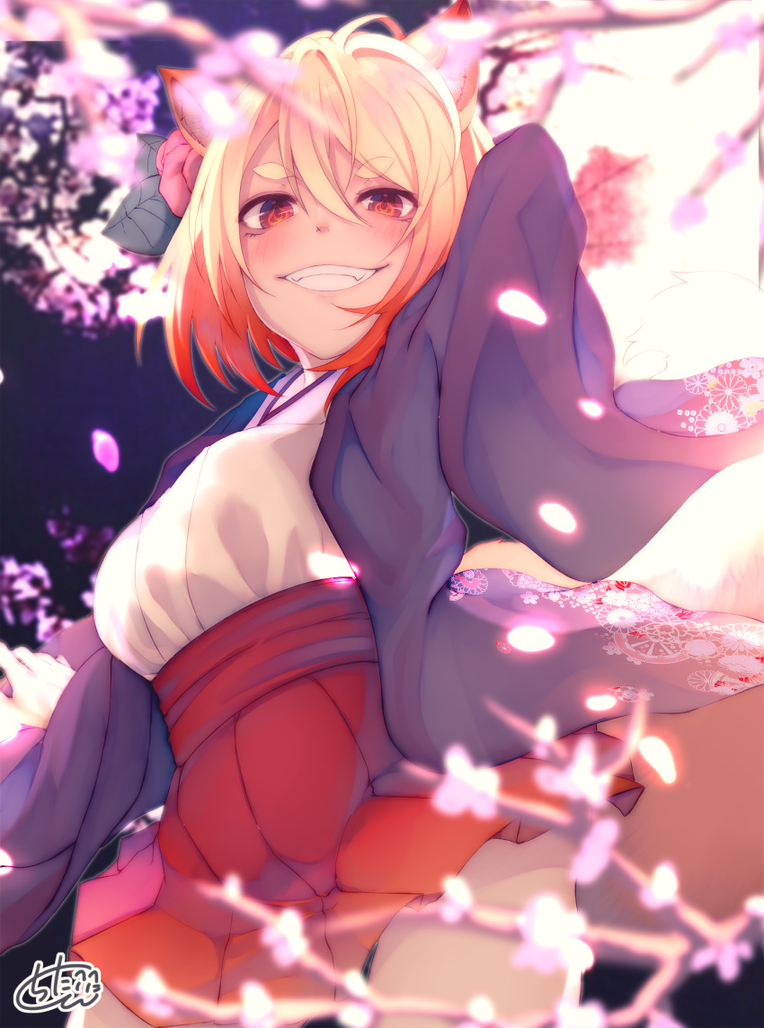 1girl animal_ear_fluff animal_ears arm_up bangs blonde_hair blurry blurry_background blurry_foreground blush breasts chita_(ketchup) commentary_request depth_of_field eyebrows_visible_through_hair fangs flower fox_ears fox_girl fox_tail gradient_hair grin hair_between_eyes hair_flower hair_ornament haori highres japanese_clothes kimono looking_at_viewer medium_breasts multicolored_hair original pleated_skirt red_eyes red_flower red_skirt redhead short_eyebrows sidelocks signature skirt smile solo tail tail_raised thick_eyebrows tree_branch white_kimono
