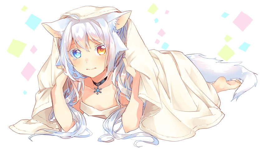 1girl 3: ahoge animal_ears barefoot blanket blue_eyes blush camisole cat_ears cat_tail catulus_syndrome choker closed_mouth collarbone colored_eyelashes commentary_request full_body furrowed_eyebrows heterochromia highres long_hair looking_at_viewer lying official_art on_stomach orange_eyes shinonome_neko-tarou shirakaba_yuki silver_hair simple_background soles solo tail tears under_covers white_background