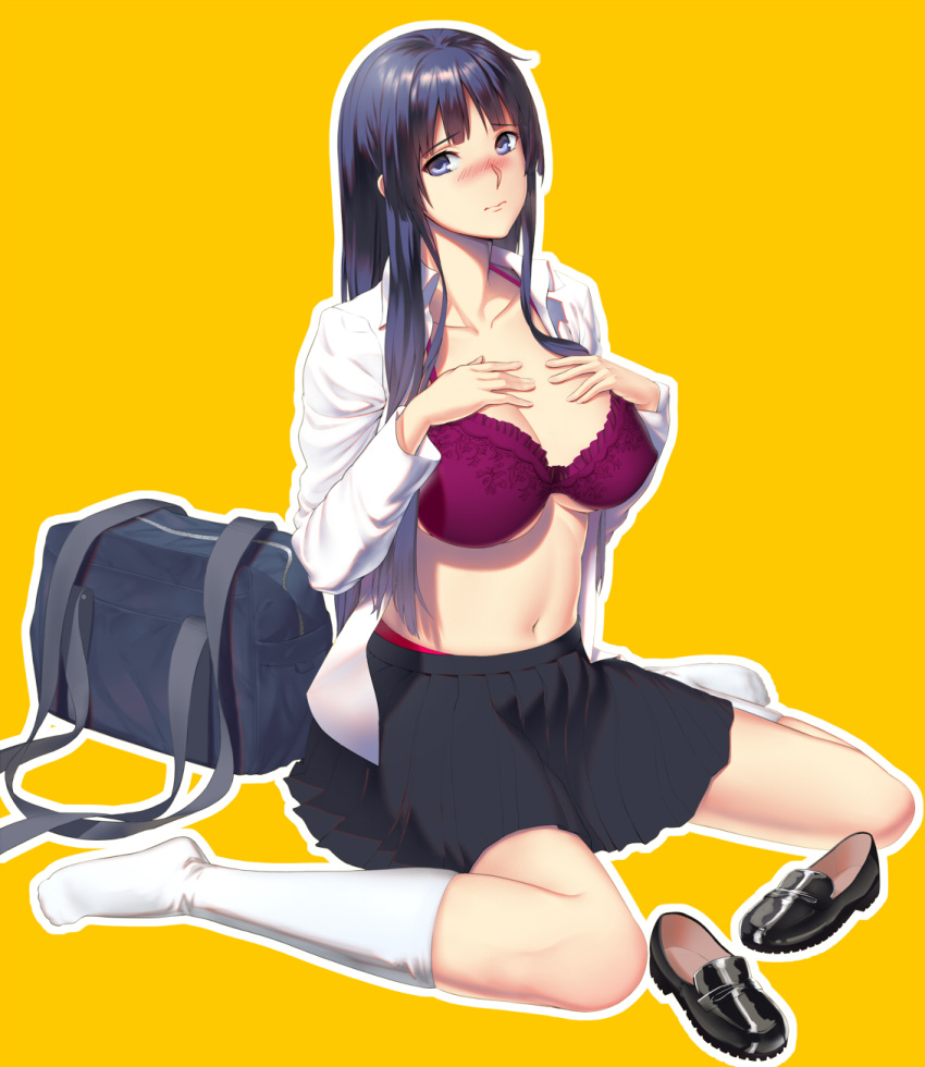 1girl akiyama_mio bag baiyin black_footwear black_skirt blue_eyes blue_hair blush bra breasts duffel_bag frilled_bra frills full_body hands_on_own_breasts highres k-on! kneehighs large_breasts long_hair looking_at_viewer navel orange_background purple_bra shoes_removed sitting skirt underwear wariza white_legwear