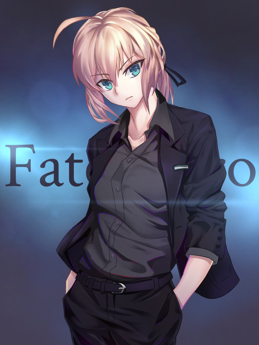 1girl ahoge artoria_pendragon_(all) bangs belt belt_buckle berrykanry black_belt black_jacket black_pants black_ribbon blue_eyes blush buckle collarbone collared_shirt commentary_request copyright_name dress_shirt eyebrows_visible_through_hair fate/zero fate_(series) grey_shirt hair_between_eyes hair_ribbon hands_in_pockets head_tilt highres jacket long_hair long_sleeves open_clothes open_jacket pants ribbon saber shirt sidelocks solo