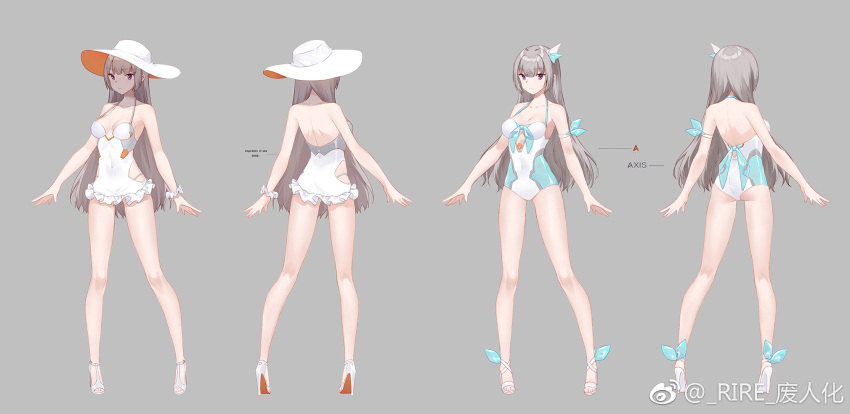 1girl armlet ass bare_legs breasts casual_one-piece_swimsuit character_sheet covered_navel eyebrows_visible_through_hair from_behind grey_background hair_ornament halterneck hat high_heels highres light_brown_hair long_hair looking_at_viewer medium_breasts multiple_views one-piece_swimsuit original simple_background smile smile_(mm-l) standing sun_hat swimsuit violet_eyes white_swimsuit