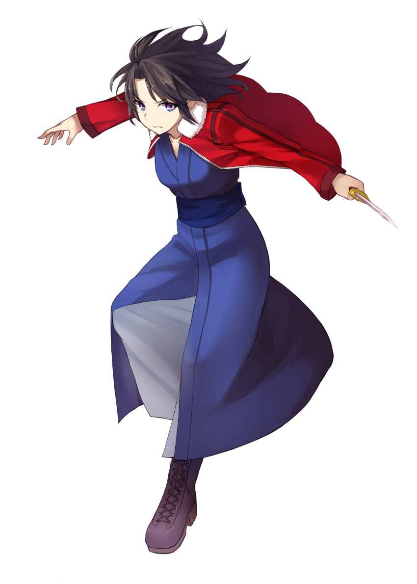 1girl absurdres apo_(apos2721) black_hair blue_kimono boots brown_footwear collarbone full_body highres holding holding_knife jacket japanese_clothes kara_no_kyoukai kimono knife leg_up long_hair long_sleeves looking_at_viewer obi open_clothes open_jacket outstretched_arms red_jacket ryougi_shiki sash short_hair solo transparent_background unzipped violet_eyes