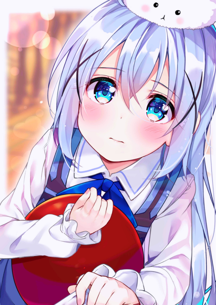 1girl angora_rabbit apron blue_apron blue_eyes blue_hair blush collar eyebrows_visible_through_hair fingernails from_above frown gochuumon_wa_usagi_desu_ka? hair_between_eyes hair_ornament highres holding holding_tray kafuu_chino long_hair long_sleeves looking_at_viewer looking_up object_hug rabbit rouka_(akatyann) ruffled_sleeves shirt sparkle tippy_(gochiusa) tray tug uniform waitress white_shirt x_hair_ornament