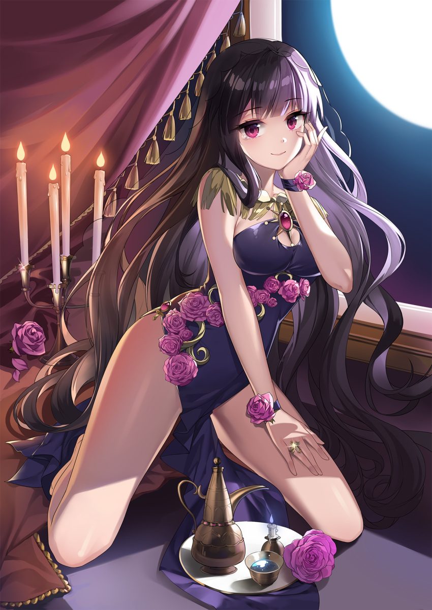 1girl bangs blunt_bangs breasts brooch brown_hair candle cleavage closed_mouth copyright_request cross cup curtains dress fire flower full_body hand_on_own_cheek hand_up highres jewelry kneeling long_hair looking_at_viewer medium_breasts multicolored_hair night night_sky purple_dress purple_flower purple_hair purple_rose ring rose sky smile solo tassel teapot tears tray veil very_long_hair violet_eyes window wristband xingxiang_senlin