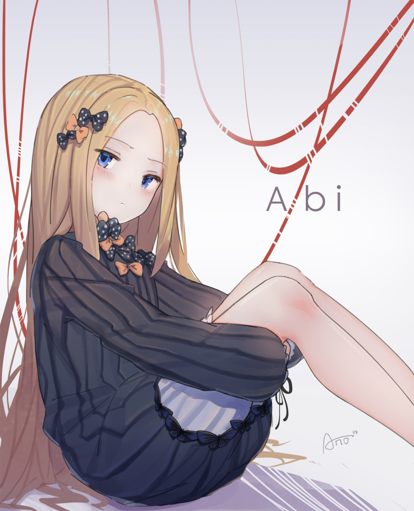 1girl abigail_williams_(fate/grand_order) ano54 bad_revision bangs black_bow black_dress blonde_hair bloomers blue_eyes blush bow bug butterfly character_name closed_mouth commentary cropped_revision dress fate/grand_order fate_(series) feet_out_of_frame forehead grey_background hair_bow head_tilt highres insect leg_hug long_hair long_sleeves looking_at_viewer looking_to_the_side no_hat no_headwear orange_bow parted_bangs polka_dot polka_dot_bow red_string signature sitting sleeves_past_fingers sleeves_past_wrists solo string underwear very_long_hair white_bloomers