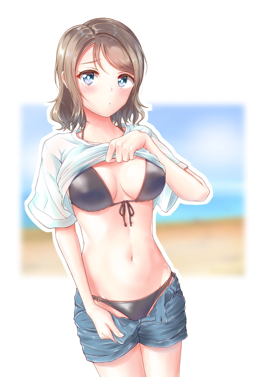 1girl bikini black_bikini blue_eyes blue_shorts blurry breasts commentary_request cowboy_shot denim denim_shorts depth_of_field front-tie_top grey_hair highres lifted_by_self looking_at_viewer love_live! love_live!_sunshine!! medium_breasts open_fly shirt shirt_lift short_hair shorts solo standing swimsuit toine watanabe_you white_shirt