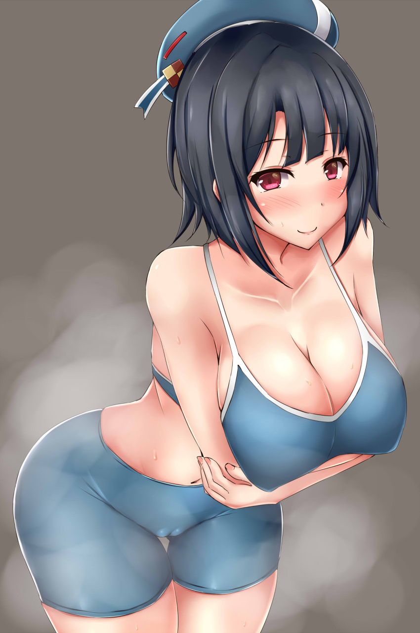 1girl absurdres beret bike_shorts black_hair blue_shorts blush breasts closed_mouth grey_background hat highres kantai_collection large_breasts long_hair red_eyes short_hair shorts simple_background smile sportswear steam takao_(kantai_collection) terakoya